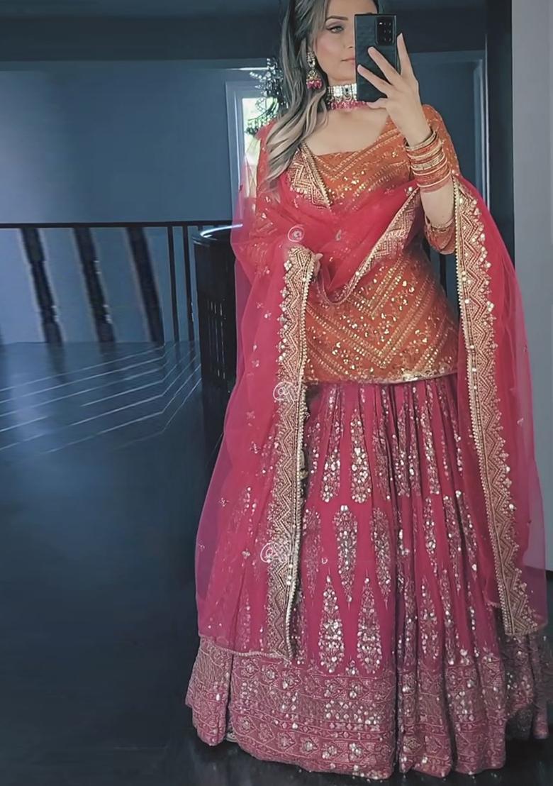 Orange Embroidery Georgette Lehenga Set With Dupatta - Indya