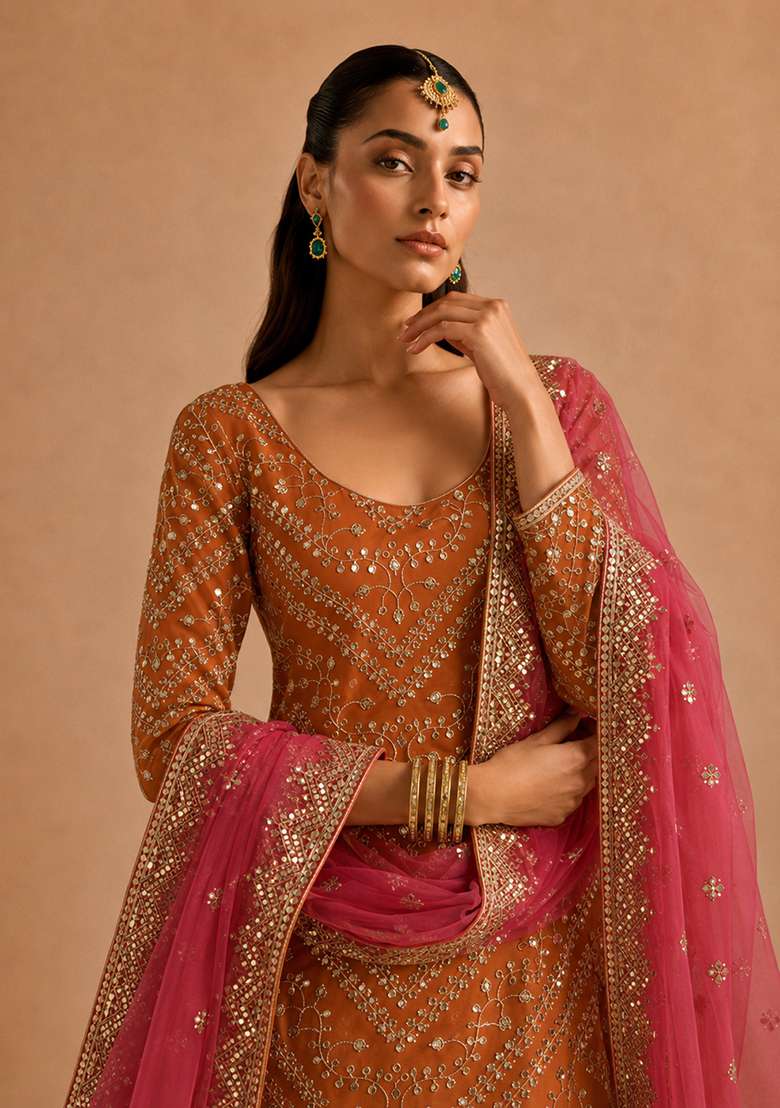 Orange With Dupatta Georgette Lehenga Set with Embroidery for Diwali | Wedding & Festive Wear - Indya