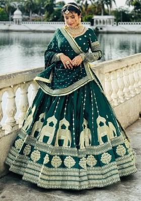 Green Embroidery Chinon Lehenga Set With Dupatta