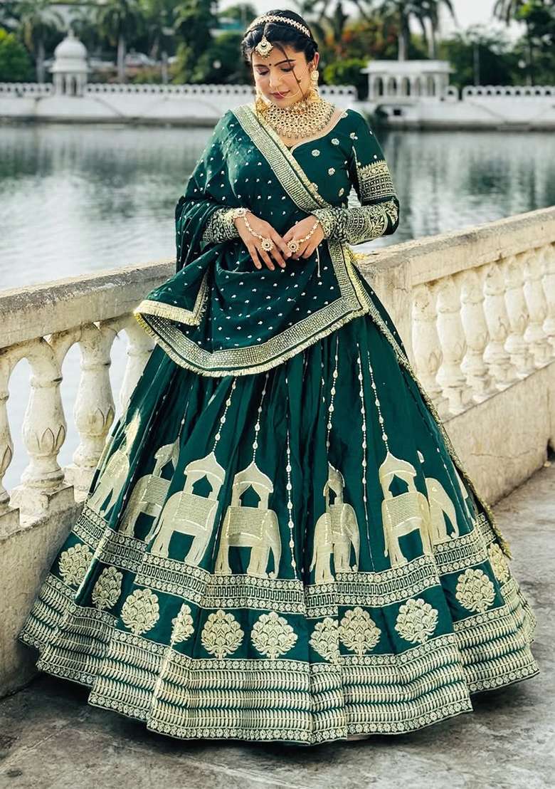 Green Embroidery Chinon Lehenga Set With Dupatta - Indya