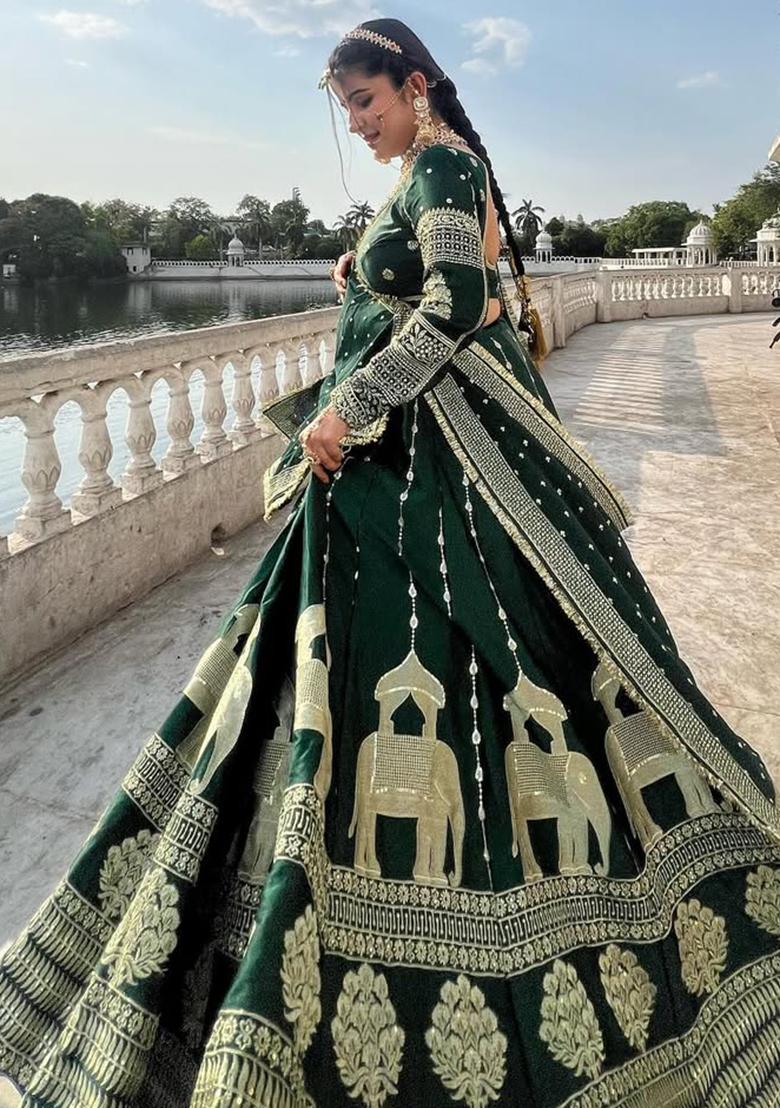 Green Embroidery Chinon Lehenga Set With Dupatta - Indya