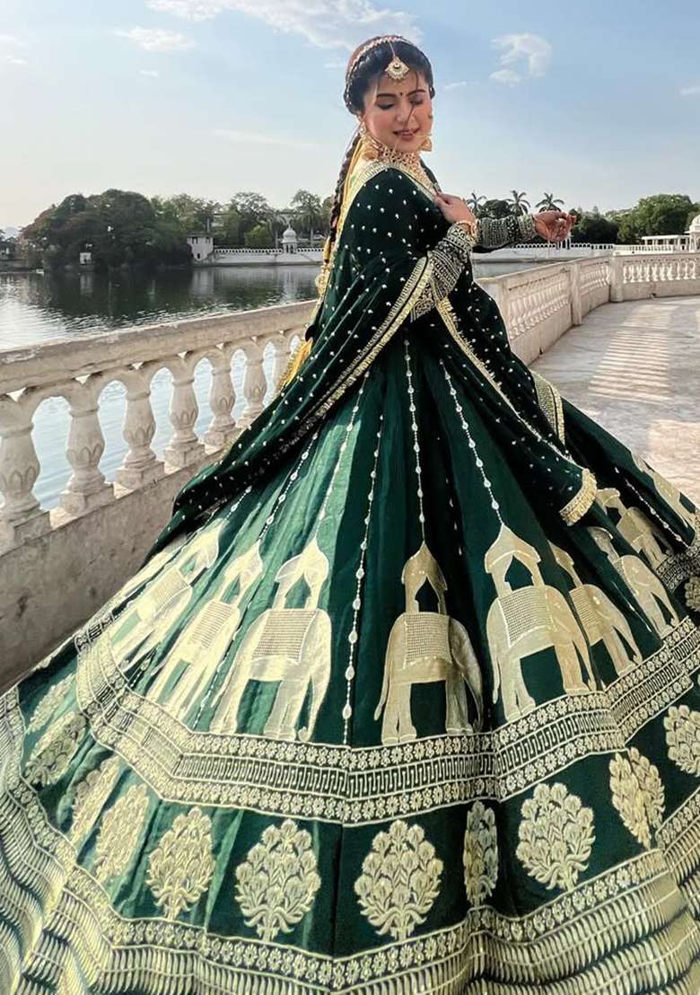 Green Embroidery Chinon Lehenga Set With Dupatta - Indya