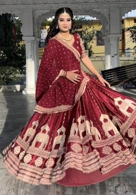 Maroon Embroidery Chinon Lehenga Set With Dupatta
