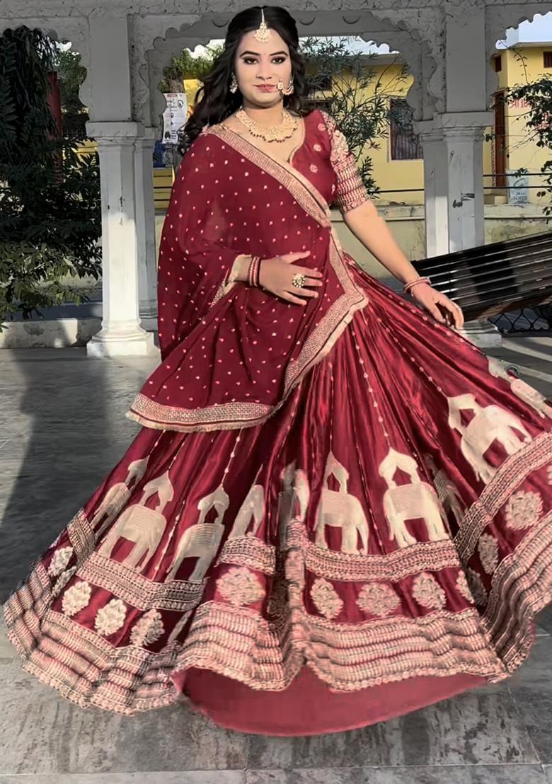 Maroon Embroidery Chinon Lehenga Set With Dupatta - Indya