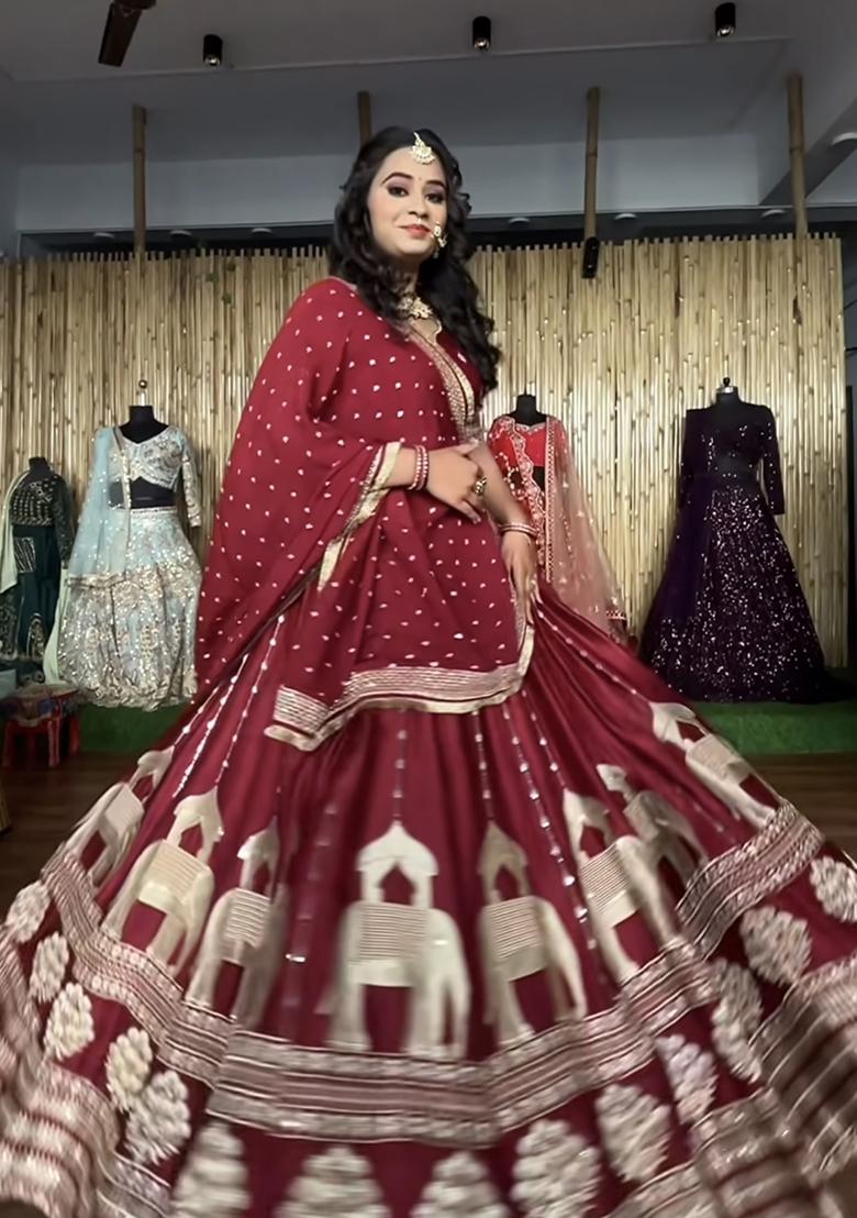 Maroon Embroidery Chinon Lehenga Set With Dupatta - Indya