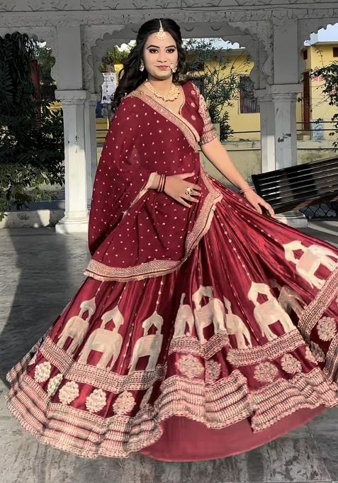Maroon Embroidery Chinon Lehenga Set With Dupatta