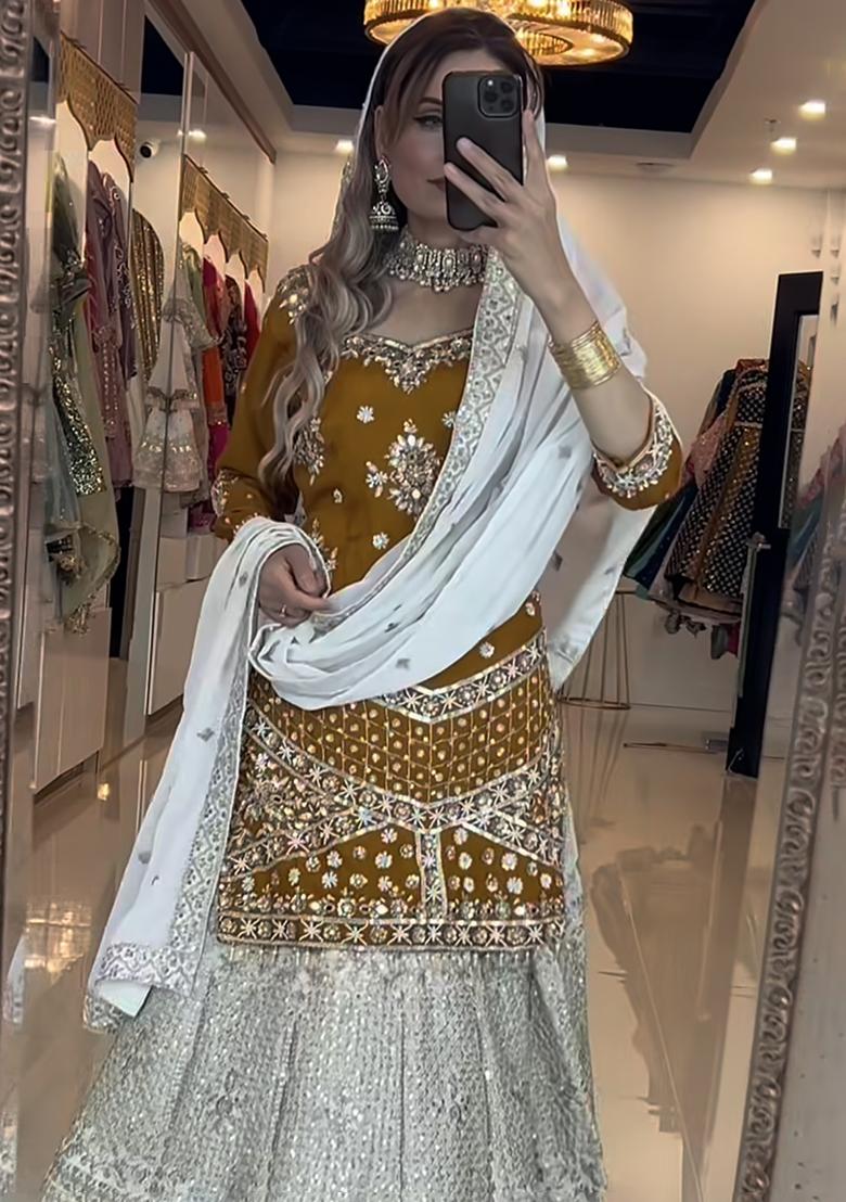 Mahendi Embroidery Chinon Lehenga Set With Dupatta - Indya