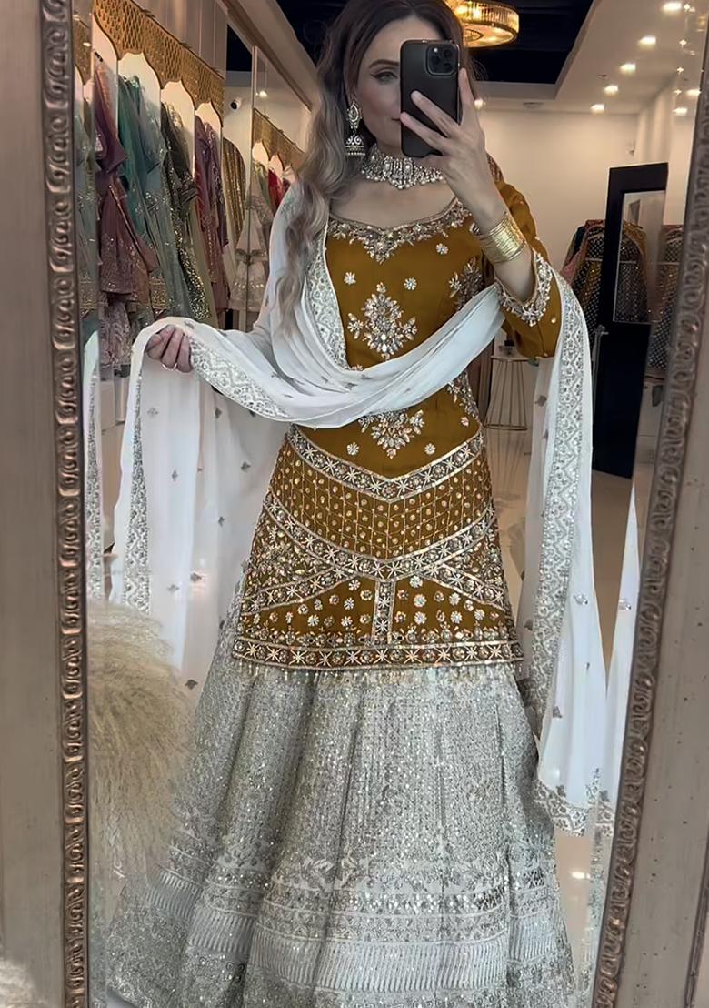 Mahendi Embroidery Chinon Lehenga Set With Dupatta - Indya