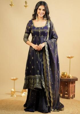 Light Purplee Embroidery Silk Lehenga Set With Dupatta