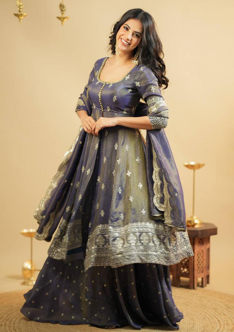 Light Purplee Embroidery Silk Lehenga Set With Dupatta - Indya