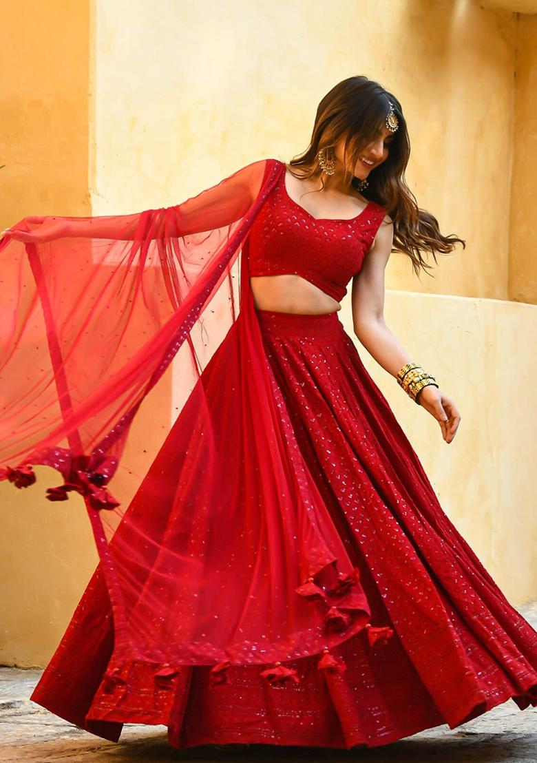 Red Digital Print Blended Lehenga Set With Dupatta