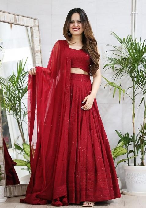 Red Digital Print Blended Lehenga Set With Dupatta