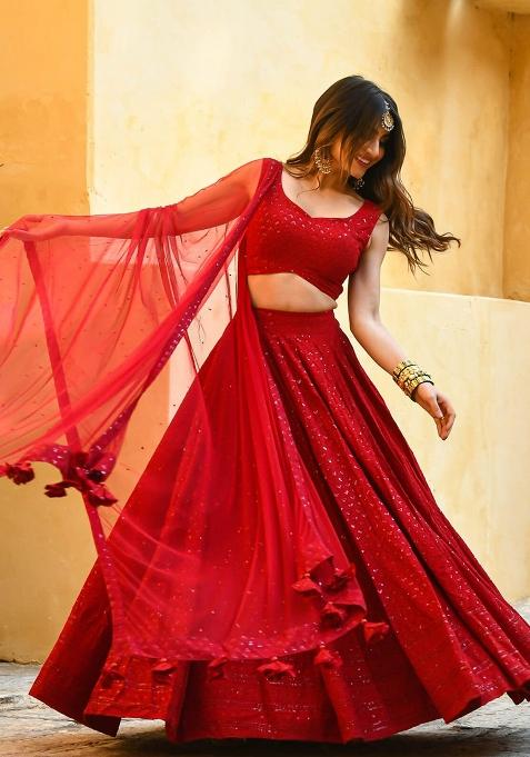Red Digital Print Blended Lehenga Set With Dupatta