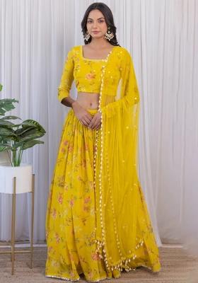 Yellow Solid Georgette Lehenga Set With Dupatta