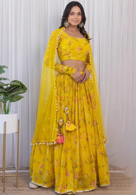 Yellow Solid Georgette Lehenga Set With Dupatta
