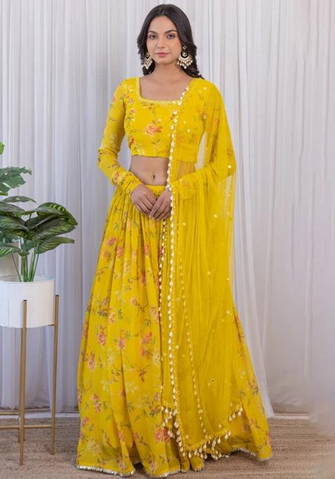 Yellow Solid Georgette Lehenga Set With Dupatta