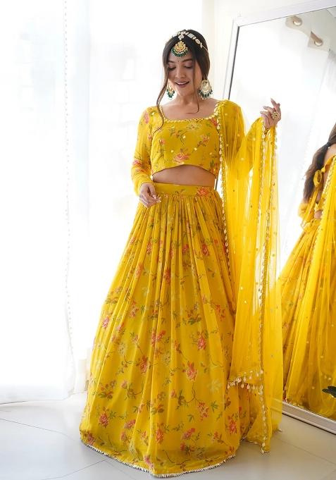 Yellow Solid Georgette Lehenga Set With Dupatta
