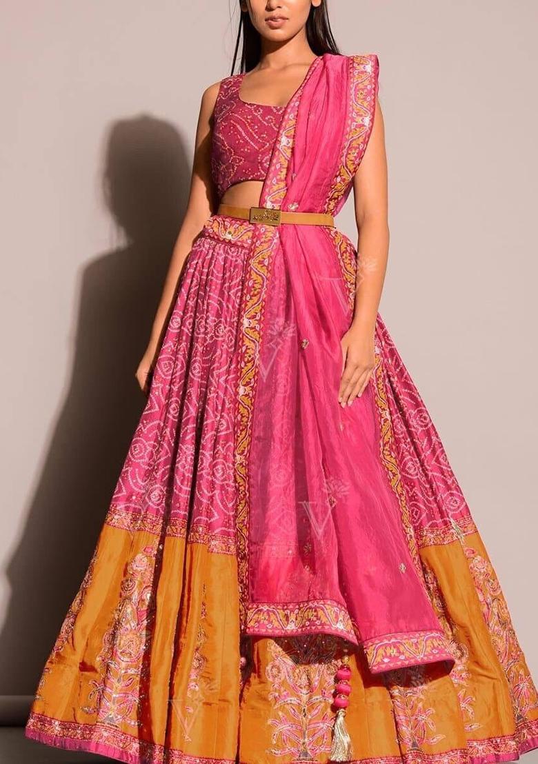 Orange Thread And Sequence Work Silk Lehenga Set With Dupatta - Indya