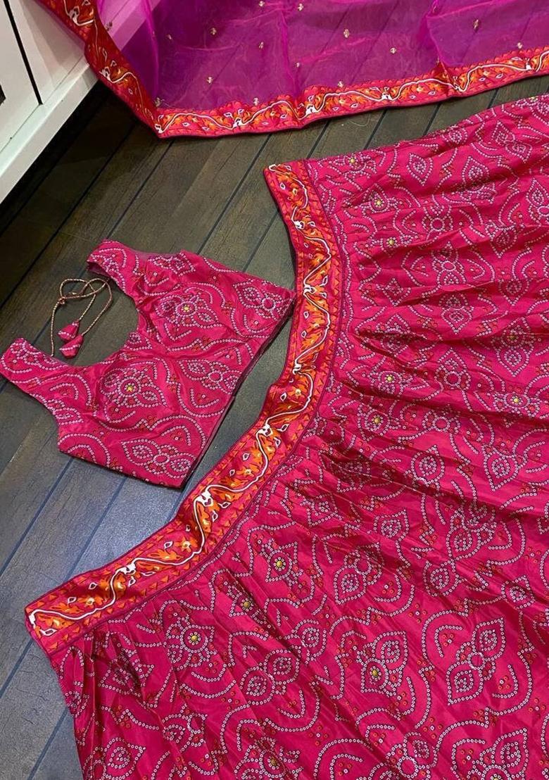 Orange Thread And Sequence Work Silk Lehenga Set With Dupatta - Indya