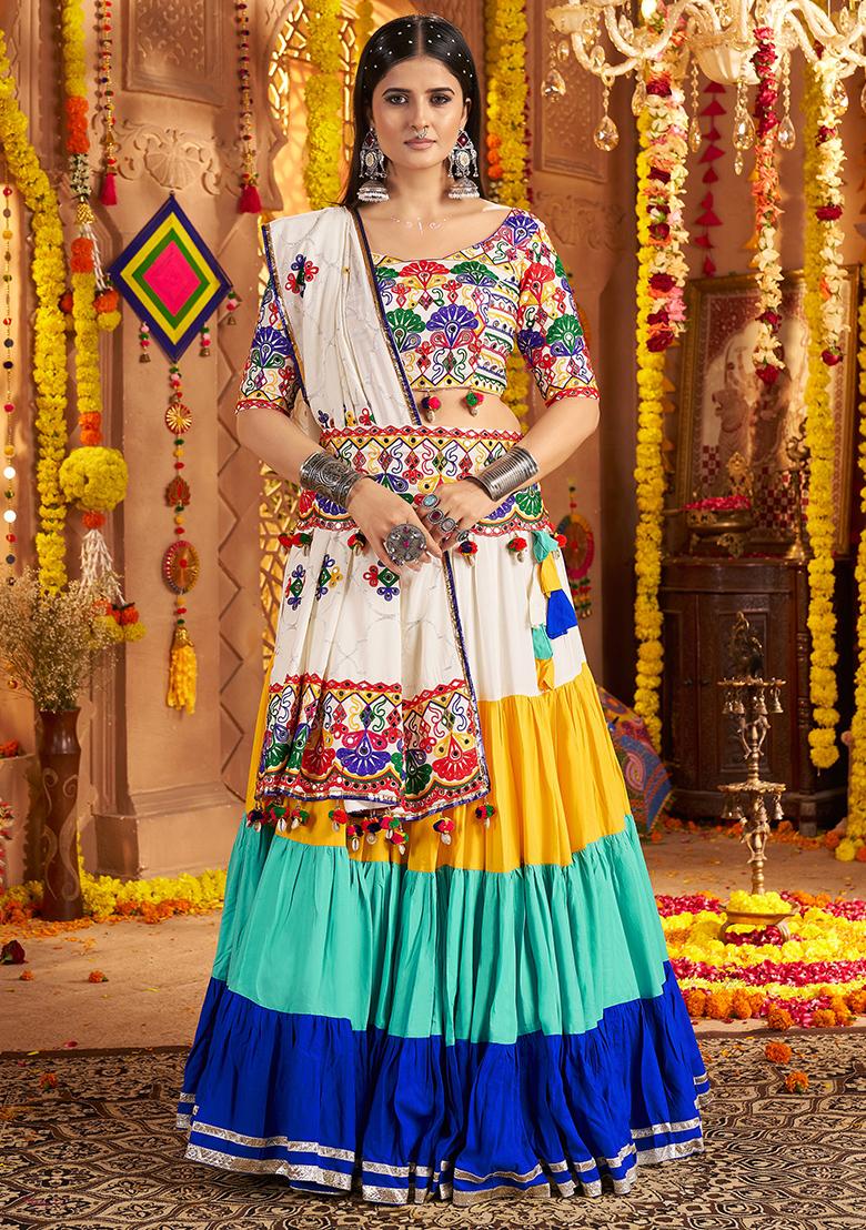 Multicolor Thread Embroiderey With All Over Mirror Work Viscose Cotton Navratri Lehenga Choli Set