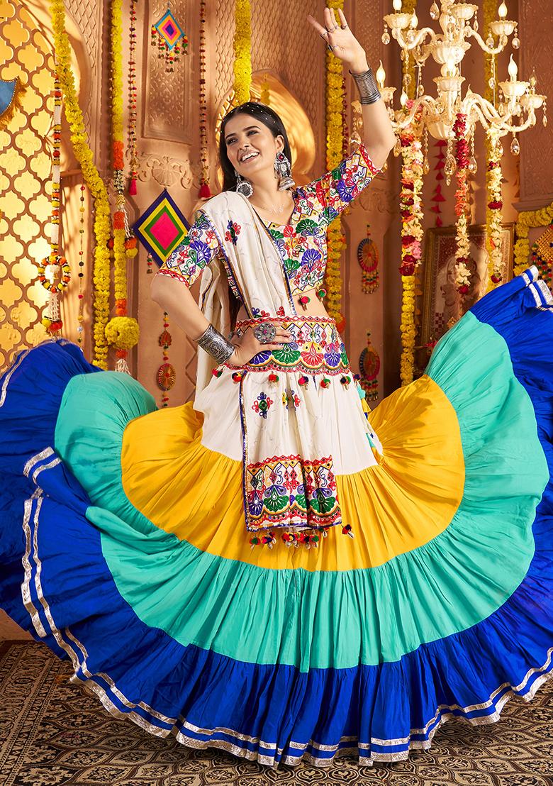 Multicolor Thread Embroiderey With All Over Mirror Work Viscose Cotton Navratri Lehenga Choli Set