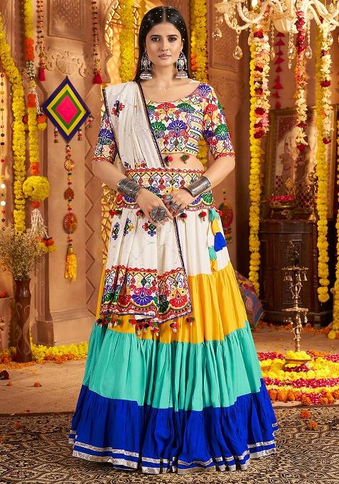 Multicolor Thread Embroiderey With All Over Mirror Work Viscose Cotton Navratri Lehenga Choli Set