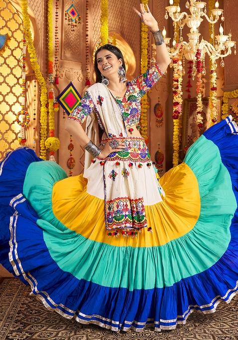 Multicolor Thread Embroiderey With All Over Mirror Work Viscose Cotton Navratri Lehenga Choli Set