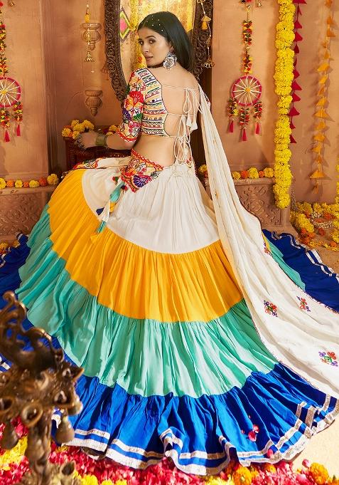 Multicolor Thread Embroiderey With All Over Mirror Work Viscose Cotton Navratri Lehenga Choli Set