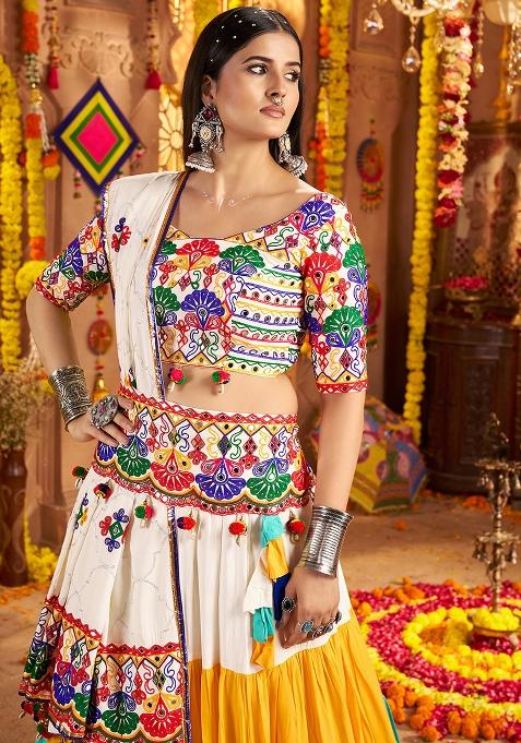 Multicolor Thread Embroiderey With All Over Mirror Work Viscose Cotton Navratri Lehenga Choli Set