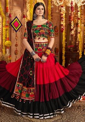 Red Black Thread Embroiderey With All Over Mirror Work Viscose Cotton Navratri Lehenga Choli Set