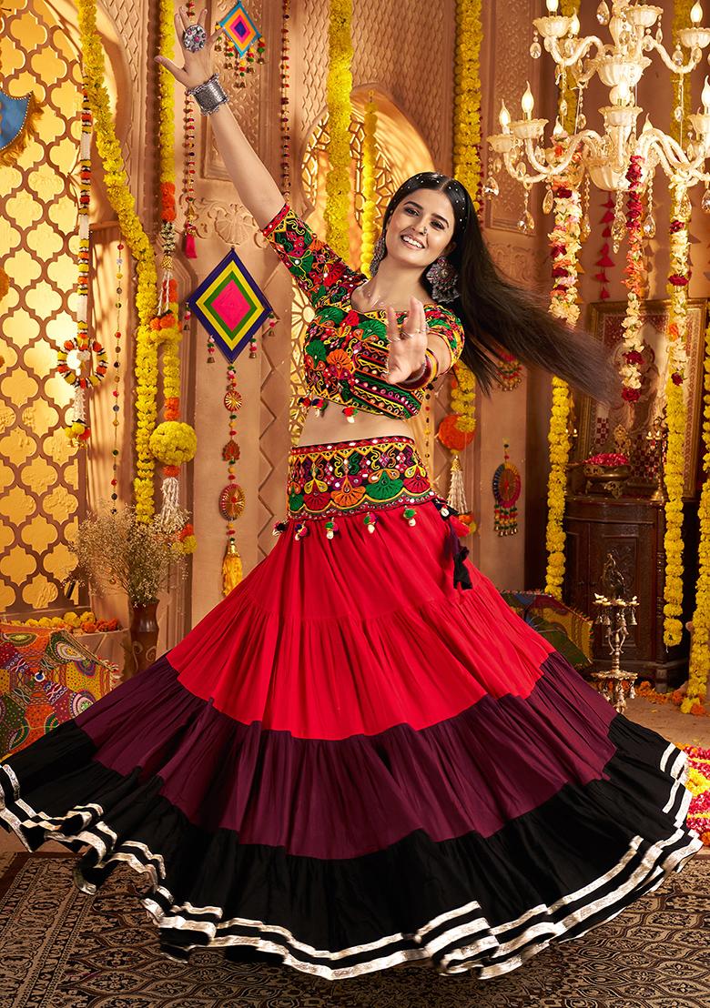 Red Black Thread Embroiderey With All Over Mirror Work Viscose Cotton Navratri Lehenga Choli Set