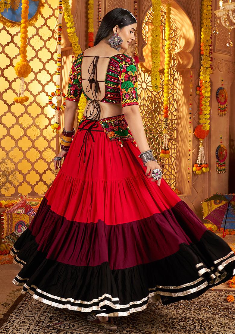 Red Black Thread Embroiderey With All Over Mirror Work Viscose Cotton Navratri Lehenga Choli Set