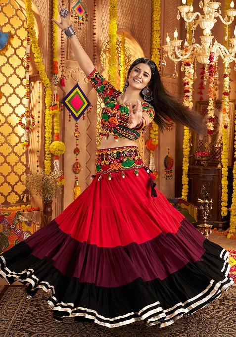 Red Black Thread Embroiderey With All Over Mirror Work Viscose Cotton Navratri Lehenga Choli Set
