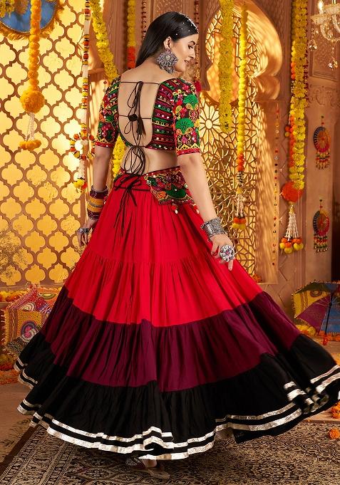 Red Black Thread Embroiderey With All Over Mirror Work Viscose Cotton Navratri Lehenga Choli Set