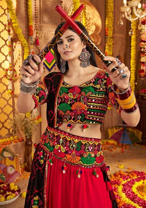 Red Black Thread Embroiderey With All Over Mirror Work Viscose Cotton Navratri Lehenga Choli Set