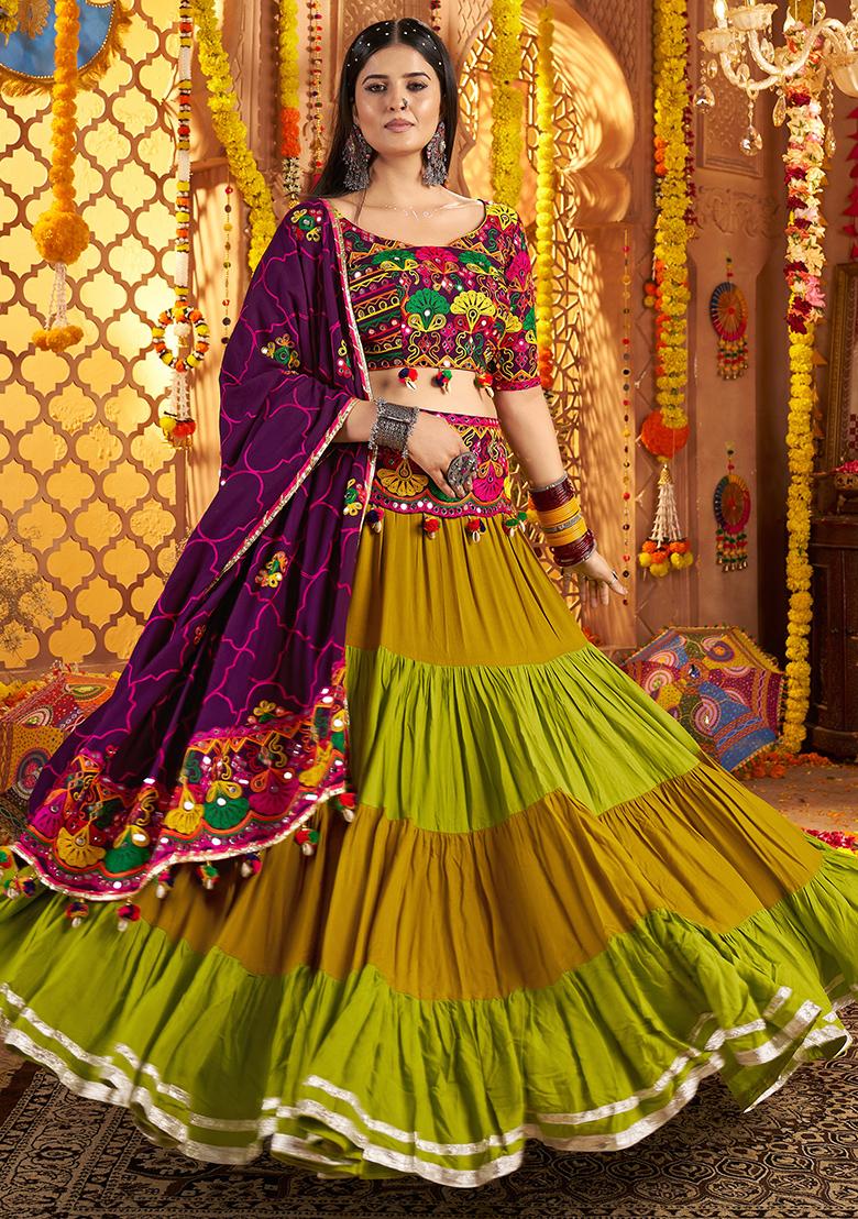 Green Thread Embroiderey With All Over Mirror Work Viscose Cotton Navratri Lehenga Choli Set