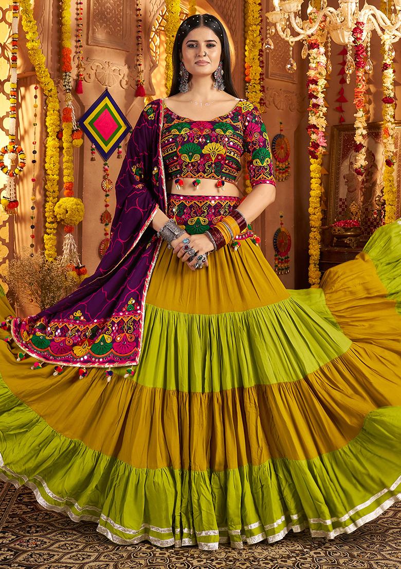 Green Thread Embroiderey With All Over Mirror Work Viscose Cotton Navratri Lehenga Choli Set