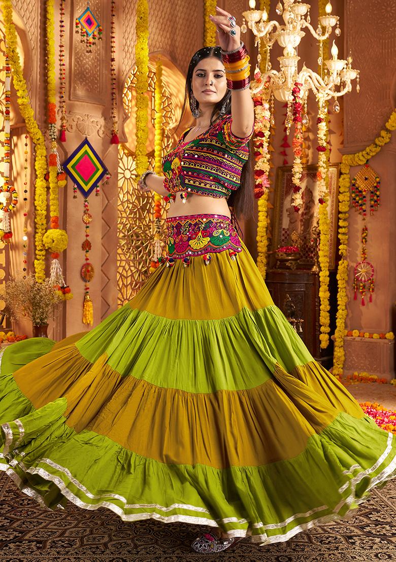 Green Thread Embroiderey With All Over Mirror Work Viscose Cotton Navratri Lehenga Choli Set