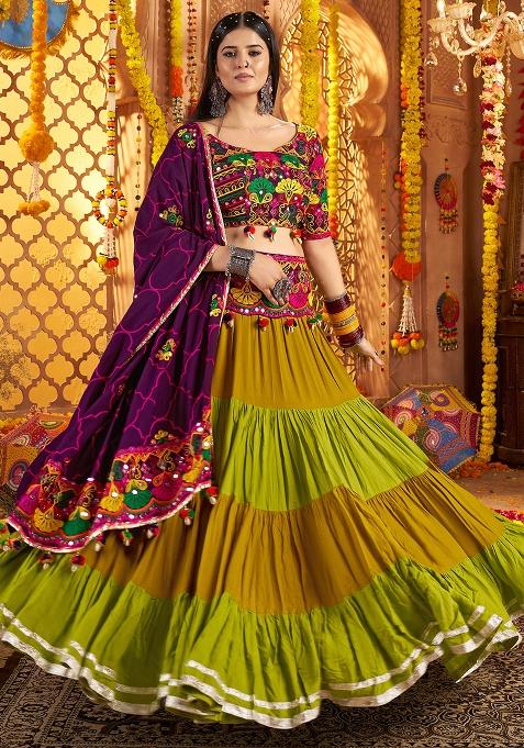 Green Thread Embroiderey With All Over Mirror Work Viscose Cotton Navratri Lehenga Choli Set