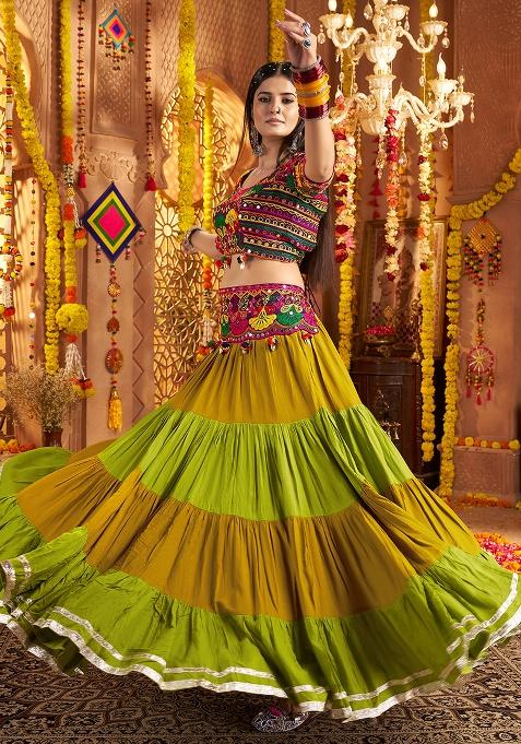 Green Thread Embroiderey With All Over Mirror Work Viscose Cotton Navratri Lehenga Choli Set