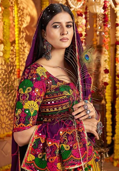 Green Thread Embroiderey With All Over Mirror Work Viscose Cotton Navratri Lehenga Choli Set