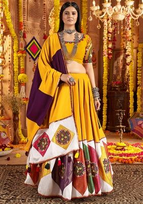 Mustard Yellow Thread Embroiderey With All Over Mirror Work Viscose Cotton Navratri Lehenga Choli Set