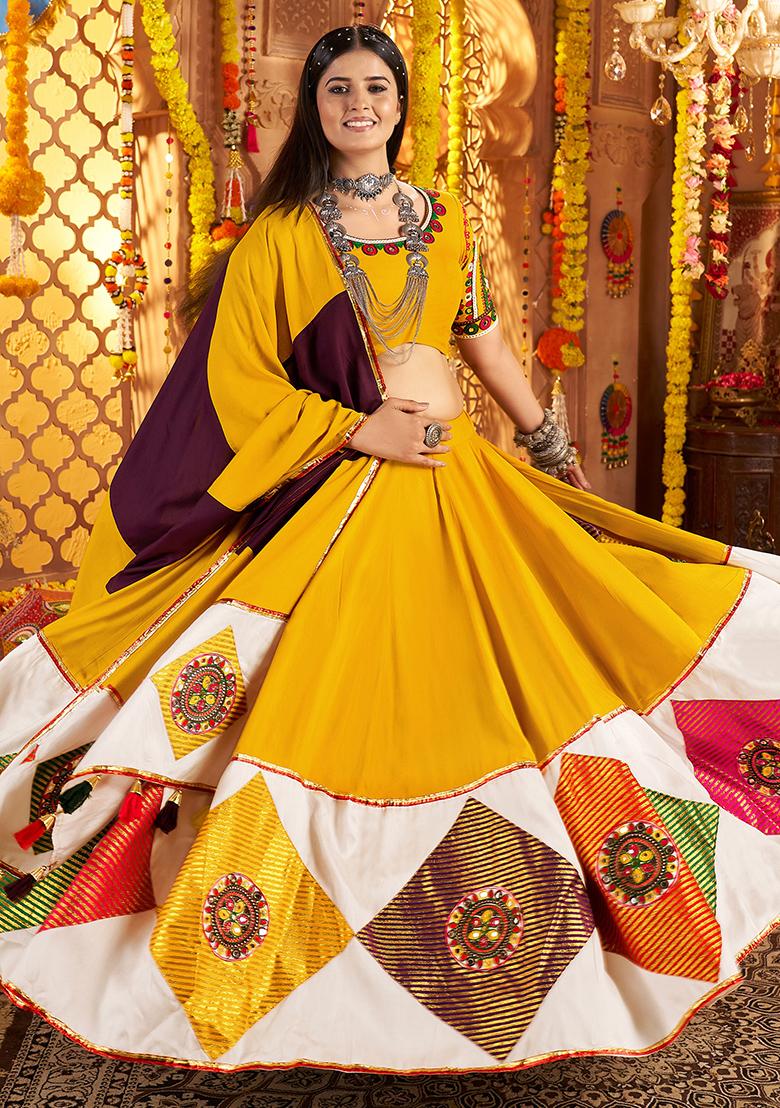 Mustard Yellow Thread Embroiderey With All Over Mirror Work Viscose Cotton Navratri Lehenga Choli Set