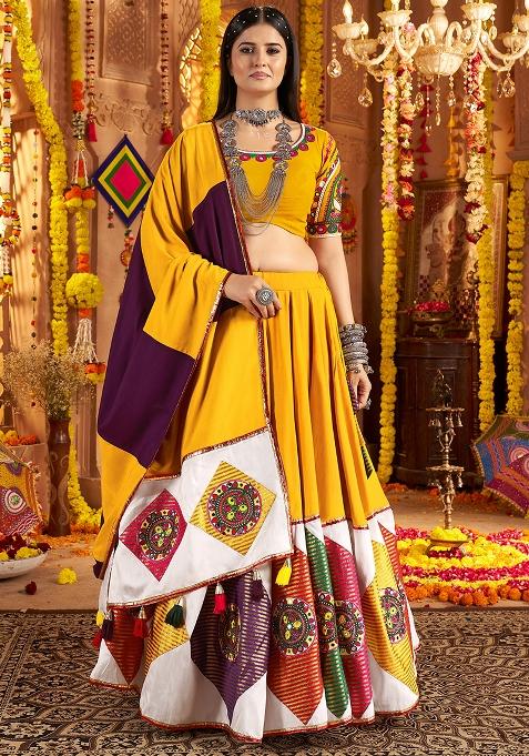 Mustard Yellow Thread Embroiderey With All Over Mirror Work Viscose Cotton Navratri Lehenga Choli Set