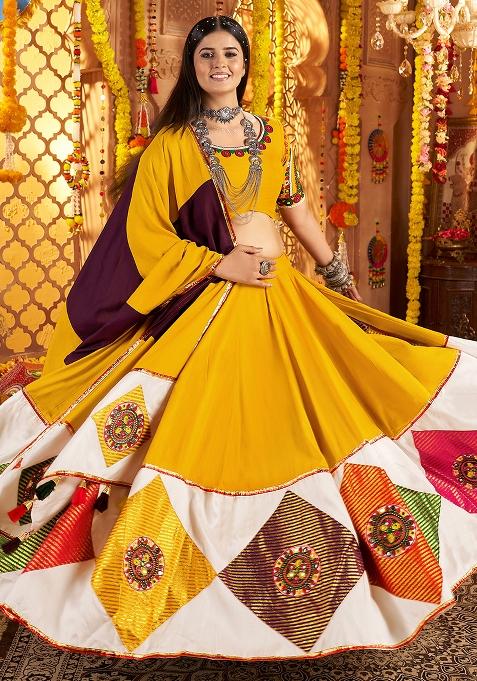 Mustard Yellow Thread Embroiderey With All Over Mirror Work Viscose Cotton Navratri Lehenga Choli Set