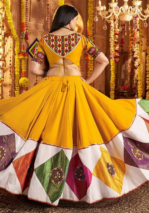Mustard Yellow Thread Embroiderey With All Over Mirror Work Viscose Cotton Navratri Lehenga Choli Set