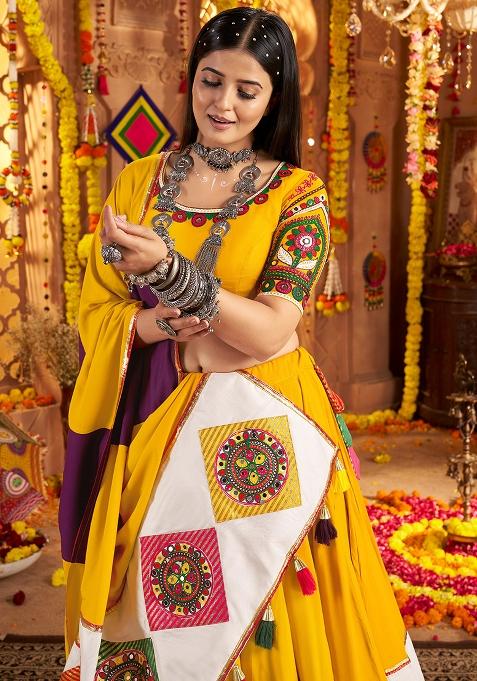 Mustard Yellow Thread Embroiderey With All Over Mirror Work Viscose Cotton Navratri Lehenga Choli Set