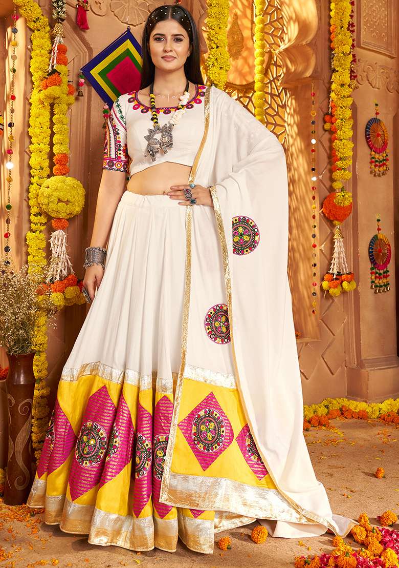 White Thread Embroiderey With All Over Mirror Work Viscose Cotton Navratri Lehenga Choli Set - Indya