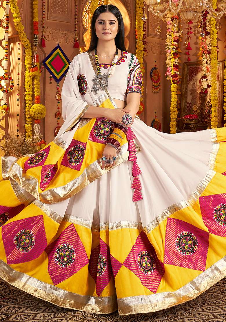White Thread Embroiderey With All Over Mirror Work Viscose Cotton Navratri Lehenga Choli Set - Indya