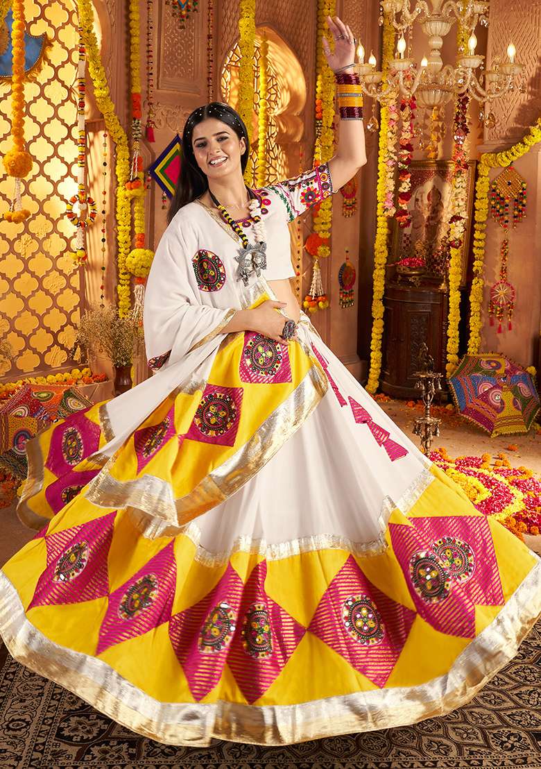 White Thread Embroiderey With All Over Mirror Work Viscose Cotton Navratri Lehenga Choli Set - Indya